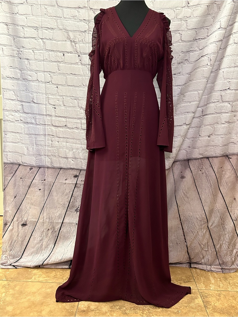 foxiedox Burgundy Eyelet Ruffle Maxi Dress